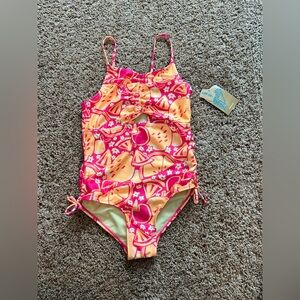 Tropical Pink and Orange Girls One Piece Bathing Suit